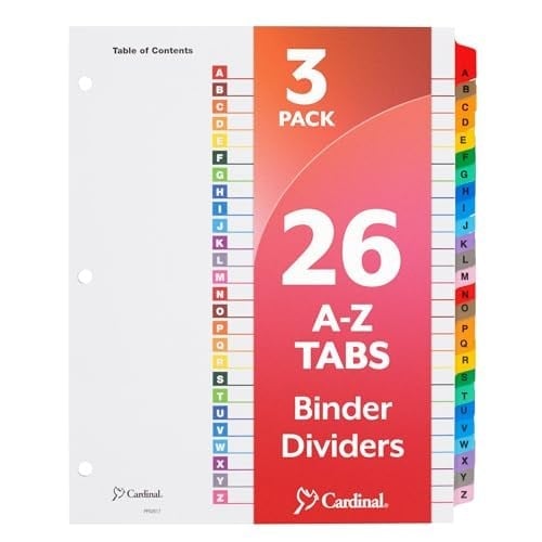 Cardinal A-Z Sekme Ayırıcılar, 3 Halkalı Klasör için, Özelleştirilebilir İçindekiler Sayfası, Çok Renkli A-Z Sekmeleri, 3 Set (63218)