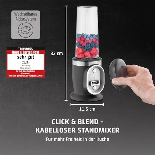 CASO Click & Blend – Kablosuz blender, pille çalışır, 240 W, Smoothie, Shakes ve daha fazlası için – 14.000 devir/dakika; 4 kat paslanmaz çelik bıçak/dip, shakes, pesto, soslar, smoothies için