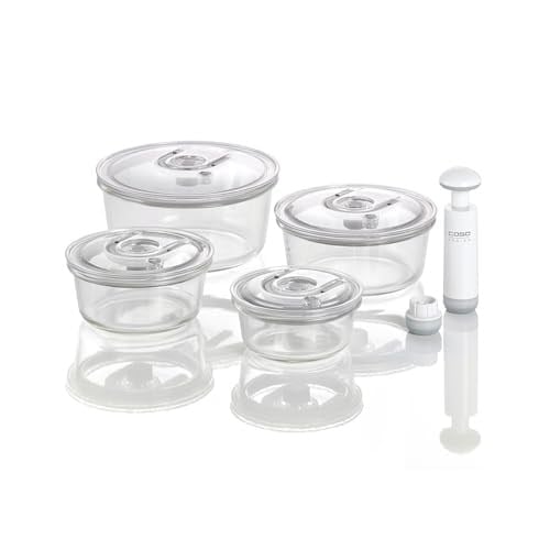CASO VacuBoxx R-Set – 4 – borosilikat camdan son derece sağlam yuvarlak vakum kabı, BPA içermez, ısıya dayanıklı, bulaşık makinesinde yıkanabilir, dondurucuya uygun, tatsız, tam tarih ayarı