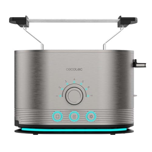 Cecotec Dikey Çelik Ekmek Kızartma Makinesi, Çift Kısa Yuvalı Shine&Toast Çiftli. 850W, 2 Tost Kapasitesi, 3,8 cm Genişliğinde Yuvalar, Işıklı Halka, 7 Tost Seviyesi, Üst Çubuklar