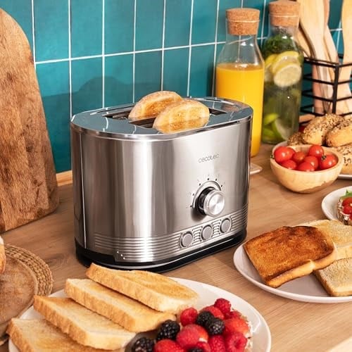 Cecotec Dikey Çelik Ekmek Kızartma Makinesi, Çift Kısa Yuvalı Shine&Toast Çiftli. 850W, 2 Tost Kapasitesi, 3,8 cm Genişliğinde Yuvalar, Işıklı Halka, 7 Tost Seviyesi, Üst Çubuklar