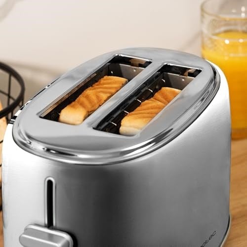 Cecotec Ekmek kızartma makinesi 2 dilim tost ve tuş 1000 Retro Double Inox, 980 W, 2 genişlik ve 3,8 cm kısa yarık, paslanmaz çelik, üst ızgara, ayarlanabilir güç, kırıntı tepsisi