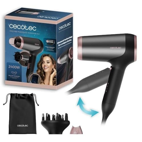 Cecotec IoniCare Power&Travel katlanabilir saç kurutma makinesi, 2400 W, DC motor, gerçek iyon teknolojisi, kompakt soğuk hava, difüzör, konsantre nozul ve taşıma çantası dahil