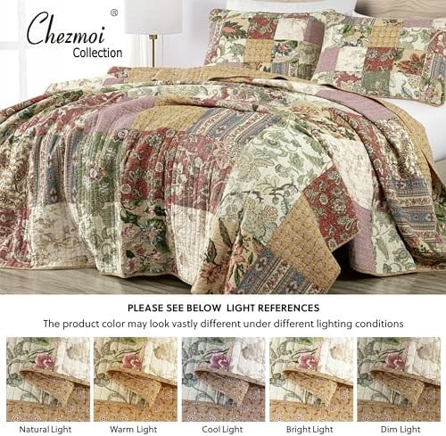 Chezmoi Collection Delaney 3 Parça Çiçekli Yama İşi Önceden Yıkanmış%100 Pamuk Yorgan Seti, Queen - Seçenekler: Daybed, King, Queen, Twin