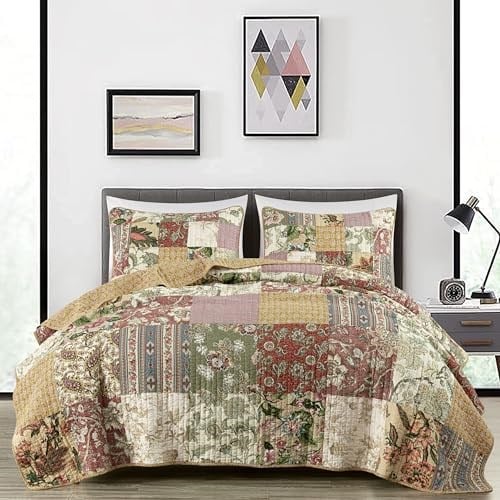Chezmoi Collection Delaney 3 Parça Çiçekli Yama İşi Önceden Yıkanmış%100 Pamuk Yorgan Seti, Queen - Seçenekler: Daybed, King, Queen, Twin