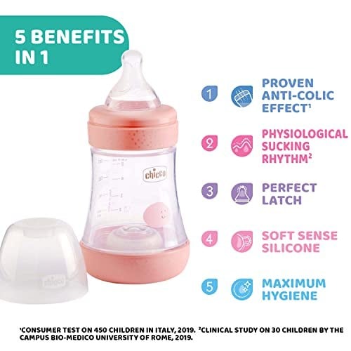 Chicco Mükemmel 5 Silikon Enayi ile 5 Anti-Koloni Töreşi 0 + Ay, Biofontional IntuiFlow Sistemi, Pembe, 150 ml