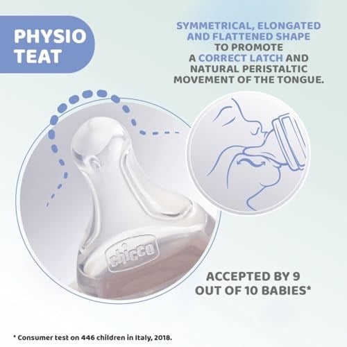 CHICCO Physio vakumlu içecek şişesi, yumuşak silikon ve yumuşak Sense kaplama, altın tutmaz, rejenerasyonu ve sinirliliği azaltır, cam şişe 240 ml, 0 ay+, nötr