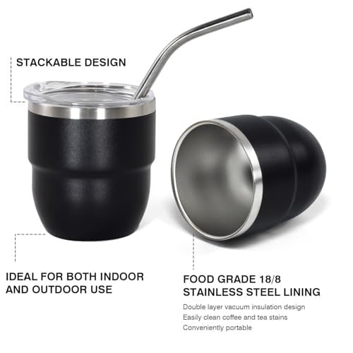 CHLJAR 4 oz İstiflenebilir Bardak, 4 Paket Mini Bardak Kamışlı, Vakum Yalıtımlı Espresso Kahve Fincanı, Parti içecekleri, Kahve, Kokteyl, Bar, Seyahat, Kamp, Siyah