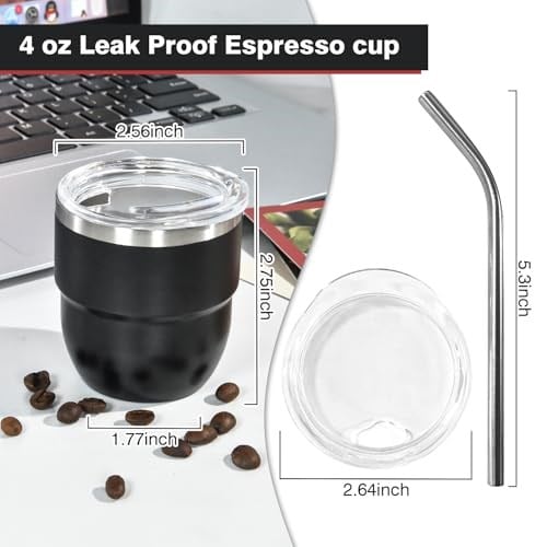 CHLJAR 4 oz İstiflenebilir Bardak, 4 Paket Mini Bardak Kamışlı, Vakum Yalıtımlı Espresso Kahve Fincanı, Parti içecekleri, Kahve, Kokteyl, Bar, Seyahat, Kamp, Siyah