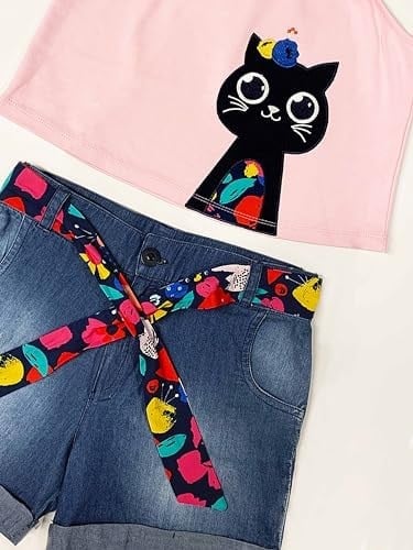 Çiçek Bahçesi Kız Çocuk T-shirt Denim Şort Takım