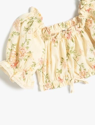 Çiçekli Crop Bluz Fırfır Detaylı Pamuklu
