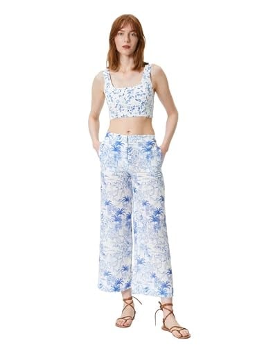 Çiçekli Culotte Pantolon Bol Paça Cepli Normal Bel