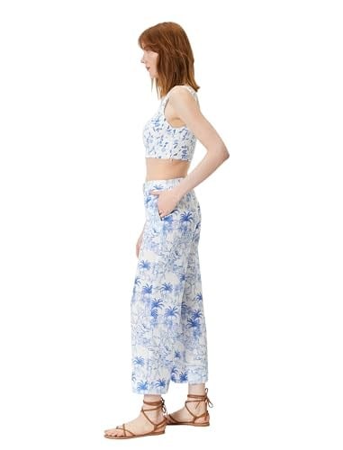 Çiçekli Culotte Pantolon Bol Paça Cepli Normal Bel