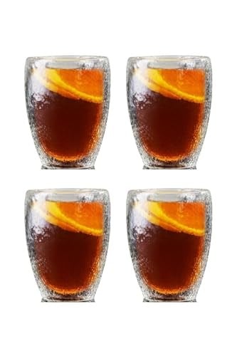Çift Cidarlı Buzlu Kahve, Latte, Çay Bardağı Seti, Borosilikat Cam, 300 ML, 4 Adet, Şeffaf - 2221