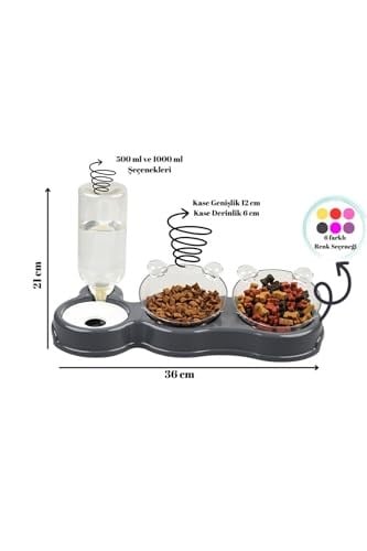 Çift Hazneli- 3 lü Beslenme Mama ve Su Kabı Gri 500 ml 36 * 21 * 16 cm