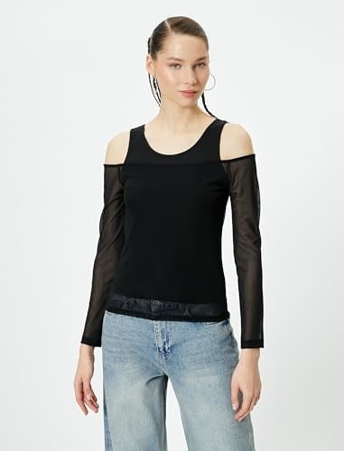 Çift Kumaş Kullanımlı Tül Tişört Uzun Kollu Slim Fit