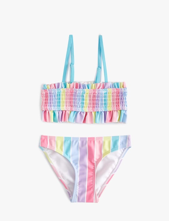 Çizgili Bikini Takımı Fırfırlı İnce Askılı