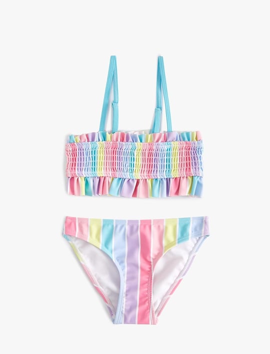 Çizgili Bikini Takımı Fırfırlı İnce Askılı