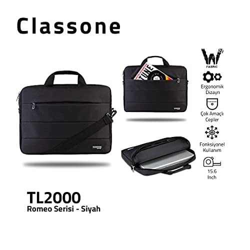 Classone Romeo Serisi TL2000 15.6 inch Uyumlu Su Geçirmez Kumaş, Notebook, Laptop , El Çantası- Siyah