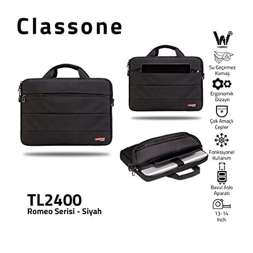Classone Romeo Serisi TL2400 13-14 inch Uyumlu Su Geçirmez Kumaş,Macbook Notebook,Laptop,El Çantası-