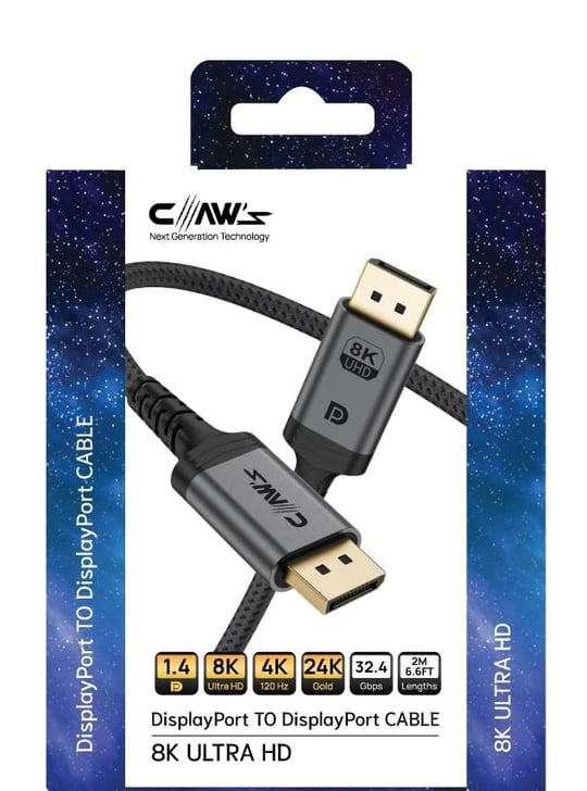 Claws 8K UHD DisplayPort v1.4 32.4 Gbps / 24K Gold/Alüminyum Gövdeli 8K 60Hz-4K 120Hz-2K 240HZ-FHD 240Hz Destekli G-Sync & FreeSync 2 Metre Premium DisplayPort Kablo (C-DPP-B1)