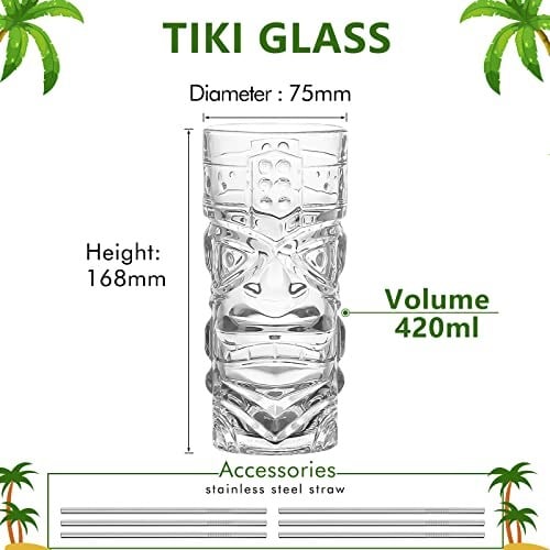 Clear Tiki Gözlük Seti 6-14 oz Modern Bar Tiki Kokteyl Bardakları Egzotik Kokteyller için Mükemmel, Mai Tai, Hawaii Tarzı Kokteyller, Tropikal Ada İçecek Seti