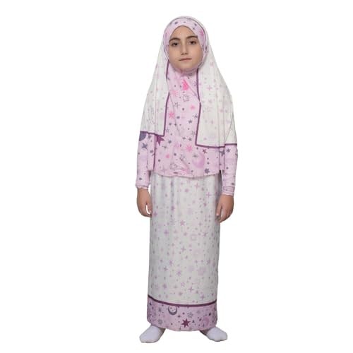 Çocuk Namaz Takımı Pratik İki Parça Desenli Kollu Tak Çıkar Başörtülü Likralı Tesettür Elbise (6-12 Yaş) 901-0301