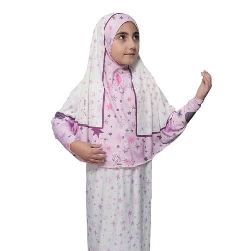 Çocuk Namaz Takımı Pratik İki Parça Desenli Kollu Tak Çıkar Başörtülü Likralı Tesettür Elbise (6-12 Yaş) 901-0301