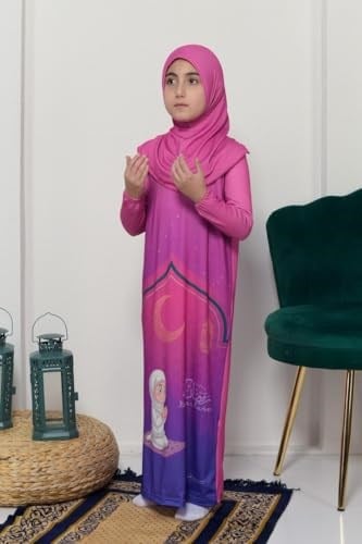 Çocuk Namaz Takımı Pratik Tek Parça Desenli Kollu Tak Çıkar Başörtülü Likralı Tesettür Elbise (6-12 Yaş) 925-0201 - Seçenekler: Yıl;6, Yıl;8, Yıl;10, Yıl;12
