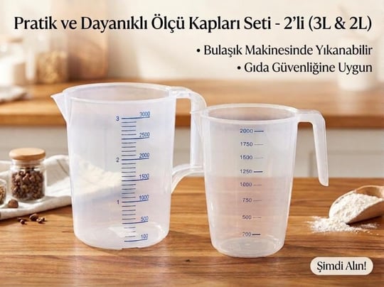 Çok Amaçlı 2li Dereceli Ölçü Kabı Seti 1000ml- 2000ml Un, Şeker Sıvı ve Katı Ölçekli Hazne Ergonomik Maşrapa