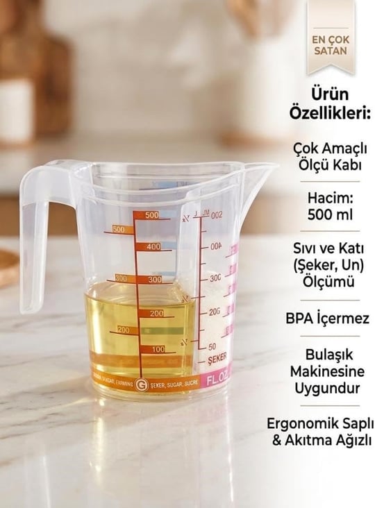 Çok Amaçlı Dereceli Ölçü Kabı 500 ml - Un, Şeker Sıvı ve Katı Ölçekli Hazne Ergonomik Maşrapa