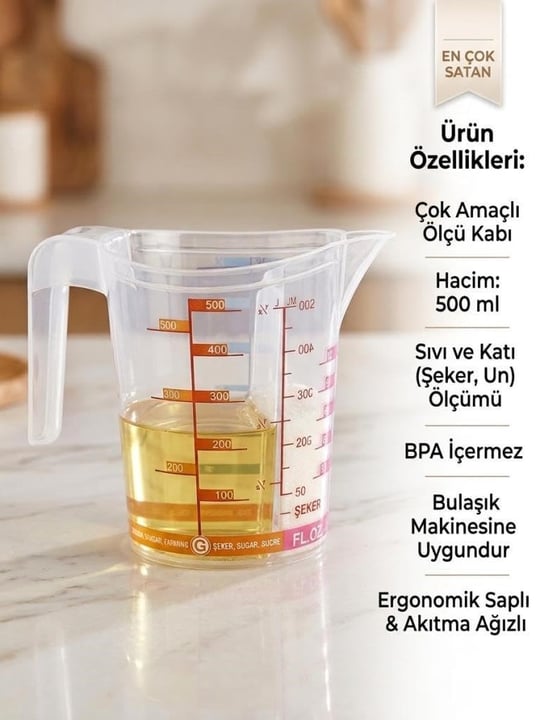 Çok Amaçlı Dereceli Ölçü Kabı 500 ml - Un, Şeker Sıvı ve Katı Ölçekli Hazne Ergonomik Maşrapa