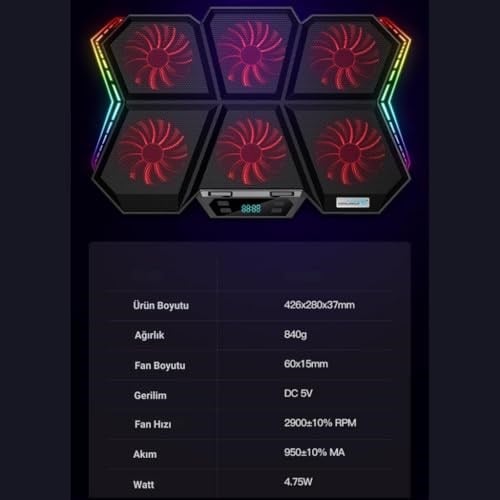 Coofbe Led Işıklı Ayarlanabilir 7 Kademeli Stand 6 Fanlı Göstergeli Notebook Laptop Soğutucu Turbo Fan