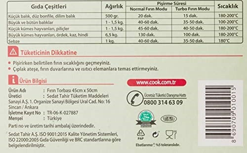 Cook Fırın Torbası, Hindi Boy, 45 x 50 cm, 2 Yaprak, Polyester Telli - Seçenekler: Büyük 2li paket, Büyük
