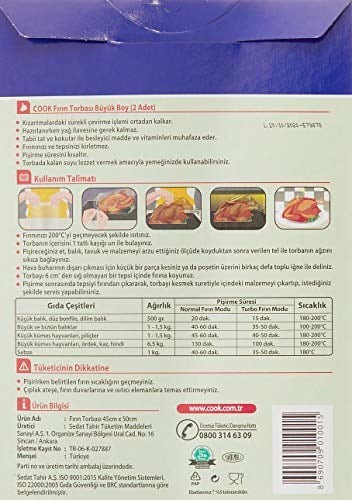 Cook Fırın Torbası, Hindi Boy, 45 x 50 cm, 2 Yaprak, Polyester Telli - Seçenekler: Büyük 2li paket, Büyük