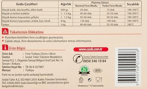 Cook Fırın Torbası, Standart Boy, 25 x 38 cm, 8 Yaprak, Polyester Telli