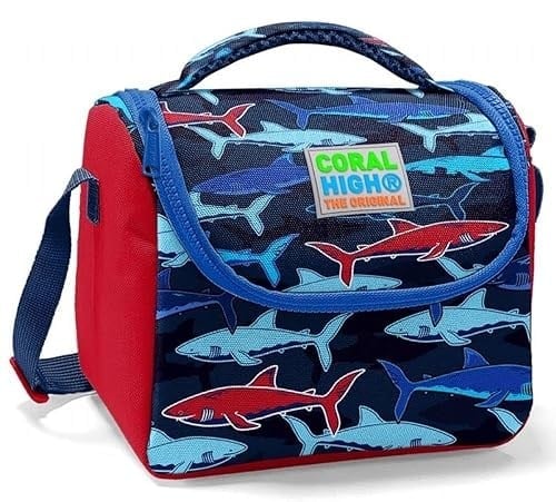 Coral High Erkek Çocuk Okul Beslenme Çantası - Isı Yalıtımlı Lacivert Kırmızı Köpekbalığı Baskılı