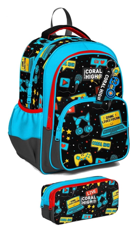 Coral High İlkokul Sırt Çantası ve Kalemlik Seti Erkek Çocuk Siyah Mavi Gamer