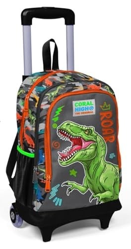 Coral High Işıklı Tekerlekli Dinazor Kamuflaj Çekçek Okul ve Seyahat Çantası Erkek Çocuk Gri