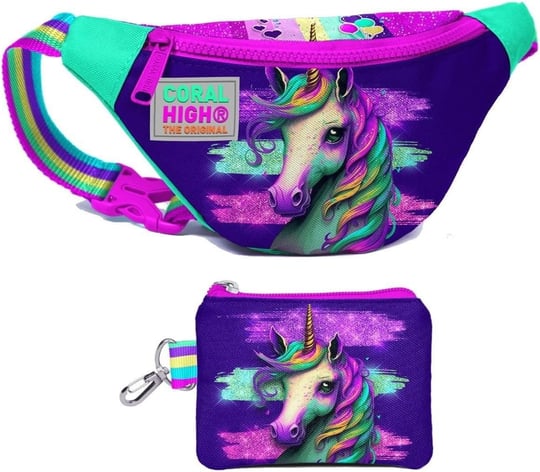 Coral High Kız Çocuk Pembe Su Yeşili Unicorn Desenli Bel Çantası ve Bozuk Para Cüzdanı Set