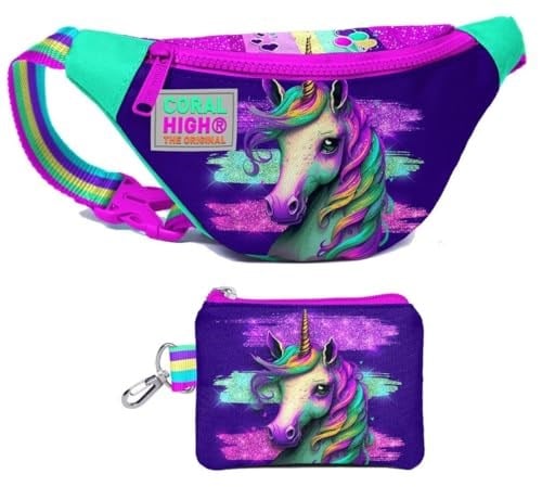Coral High Kız Çocuk Pembe Su Yeşili Unicorn Desenli Bel Çantası ve Bozuk Para Cüzdanı Set