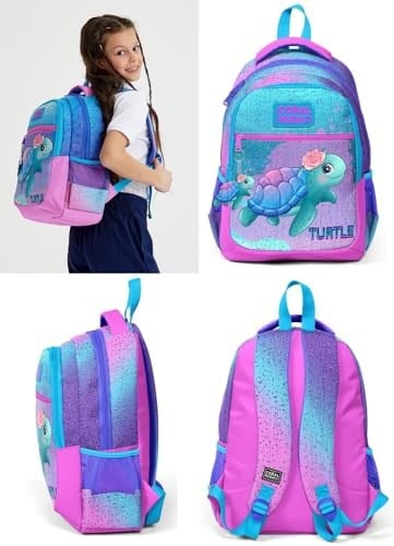 Coral High Kız Üç Bölmeli Okul Sırt Çantası Beslenme Çantası ve Kalemlik Seti Pembe Mavi Kaplumbağa