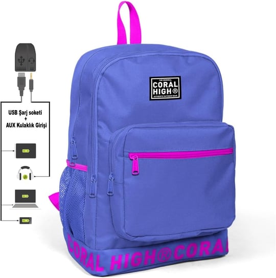 Coral High Nakış Logolu Usb Şarjlı Kulaklık Çıkışlı Lavanta Sırt Çantası 24106