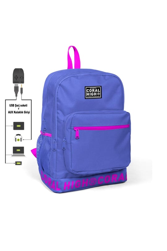 Coral High Nakış Logolu Usb Şarjlı Kulaklık Çıkışlı Lavanta Sırt Çantası 24106