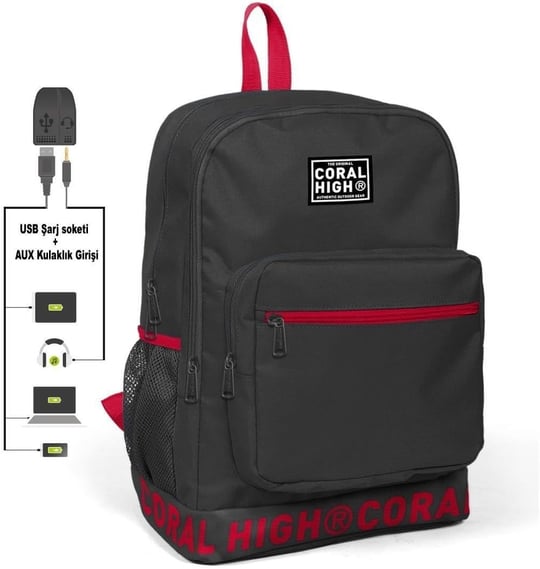 Coral High Nakış Logolu Usb Şarjlı Kulaklık Çıkışlı Koyu Gri Sırt Çantası 24105
