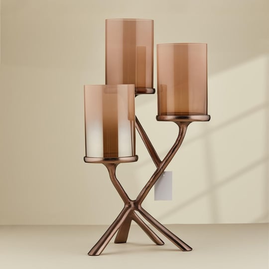 Cornella Gınger Antik Bronz 3 Kollu Cam Şamdan Ağız:10 Cm Boy:15 Cm Mumluk Ayak 35 Cm