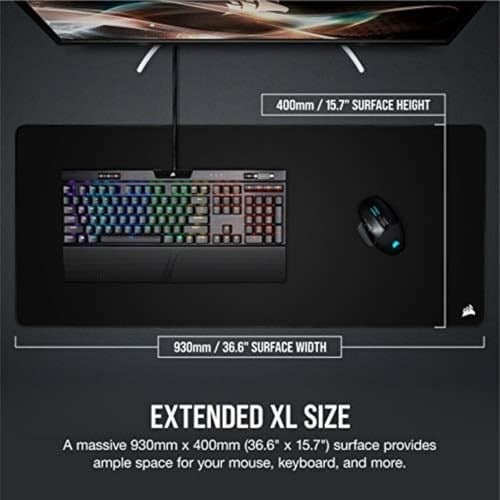 Corsair MM350 PRO Sıçrama geçirmez Premium kumaş oyun mouse pad, Alan 93 × 40 cm, Mikrofiber kumaş, 4mm Güçlü Yumuşak Kauçuk Konstrüksiyon, Kaymaz Kauçuk Taban, siyah, Genişletilmiş XL | 93 cm x 40 cm