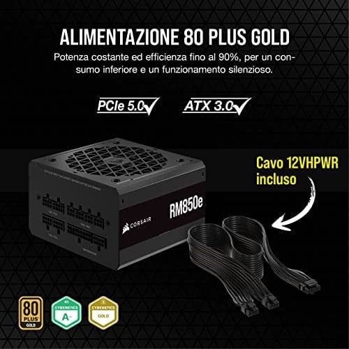 Corsair RM850e (2023) tam modüler, düşük gürültülü ATX güç kaynağı - 3.0 ve PCIe 5.0 uyumlu - 105°C kondansatörler - 80 Plus altın verimliliği - modern bekleme desteği - siyah