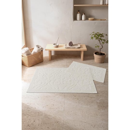 Cotton Box Aura Jakarlı Kaymaz Taban Pamuklu Paspas Seti Vine Krem 60x90+40x60