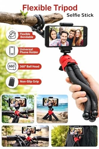 Coverzone Esnek Youtuber Yayıncılar ve Sosya Medya için İdeal 30cm Ahtapot 360 Derece Taşınabilir Ayakları Bükülebilir Selfie Telefon Tutuculu 3 Ayaklı Kampda Tatilde Gezilerde Tripod Çok Hafif 320gr
